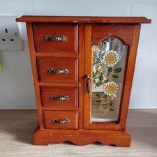 Vintage Wooden Wardrobe Style Jewellery Box With Glass Floral Window