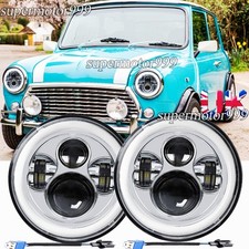 Chrome 2x 7" Round LED Headlights Hi/Lo Halo Angle Fit Classic Rover Mini Austin