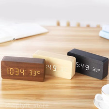 Wooden Digital Alarm Clock LED Temperature Desk Table Office Bedside Bedroom UK