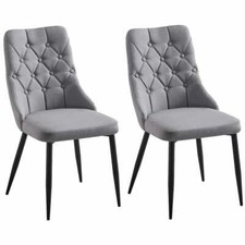 Set of 2 Folk Fabric Linen Dining Chairs with Buttons and  Metal Black legs