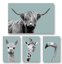 DUCK EGG BLUE ANIMAL COLLECTION HIGHLAND COW GIRAFFE CANVAS WALL ART PRINT