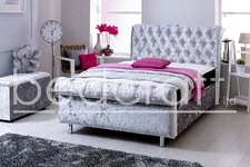 ASTRAL Crushed Velvet Sleigh Bed | Scroll Design | Hand Upholstered Chesterfield