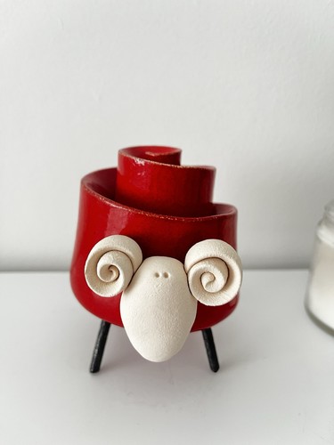 Red ceramic sheep ram - ceramic,