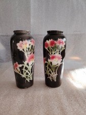 Vintage 2 x Compton Ware Style Brown Floral Small Vases with Gilt rim 5 1/2 inch