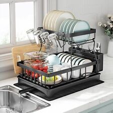 2 Tier Dish Drainer Rack Cutlery Holder Plate Rack Kitchen Sink with Drip Tray