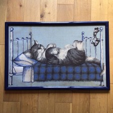Bryn Parry (1956-2023) Framed & Glazed Blue Ground Cat & Mouse Print On Fabric