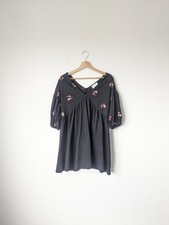 ASOS Design Black Embroidered Puff Sleeve V Neck Cotton Mini Dress Size 8