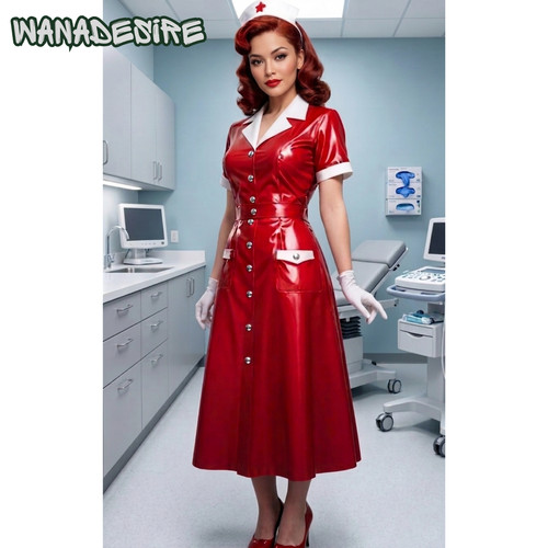 Red pvc nurse dress glossy - red,