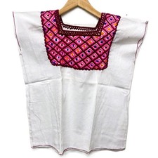 Mexican Embroidered Huipil Maya Top Organic Cotton Manta White & Pink- One Size 