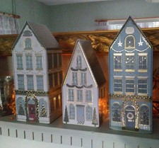 3  M & S Christmas Dutch House Light Up Tins Gold & Soft Pastels