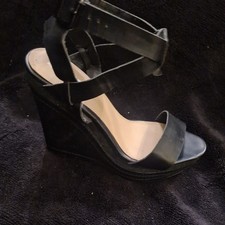 NEXT Ladies Stylish Black Leather Well Worn Wedge Sandals 8UK 