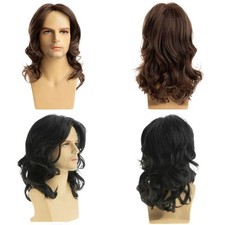 UK Synthetic Wigs For Mens Party Male Natural Wavy Long Brown Hair Medium Length