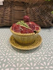 Sarreguemines Majolica Pottery Fruit Basket Jam Pot with saucer - French