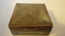 old cigarette box 8x8x 3.5cm good condition wood lined brass or copper not sure
