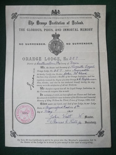 1911 orange lodge cert - orange,