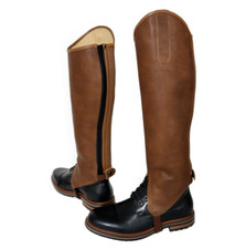 HALF CHAPS BROWN PU SYNTHETIC LEATHER WASHABLE HORSE RIDING EQUESTRIAN GAITERS 