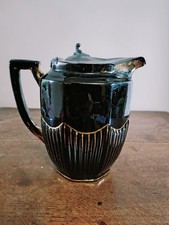 Victorian Antique Jackfield Lidded Jug, Pitcher, Black with Gilt, Pewter Lid