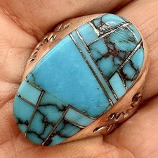 Navajo Natural Turquoise Inlay Mens Ring Size 11.5 Sterling  by ML 13.4 g Native