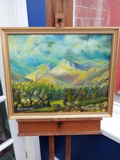 Oil on board painting of the Langdale Pikes range in Cumbria - 46 x 56 cm 