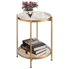 Round Side Table Living Room Small Metal Coffee Table with 2 Tier Tray UK