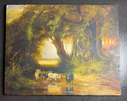 Oil painting cattle watering - oil,