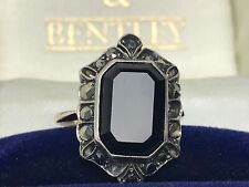 Art Deco Onyx and Marcasite 9ct Gold & Silver Antique Ring - Size J