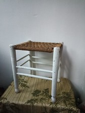 Vintage Rustic French Painted White Wood/Woven Rush/Seagrass Seat Stool