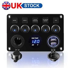 5 Gang Rocker Switch Toggle Panel LED Voltmeter Dual USB Car Boat Truck Camper
