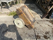 Vintage mill pipe dolly truck trolley old industrial wood frame, leather salvage