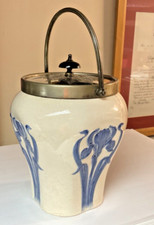 Antique Villeroy & Boch Mettlach Biscuit Barrel w. Sliverplate Lid & Handle Iris