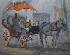 HORSE AND BUGGY CARRIAGE WITH DRIVER WATERCOLOUR RALPH HARTLEY c1970s