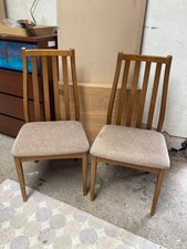 Vintage Retro High Slatted Back Kitchen Dining Chairs x 2 Beige Fabric Seats