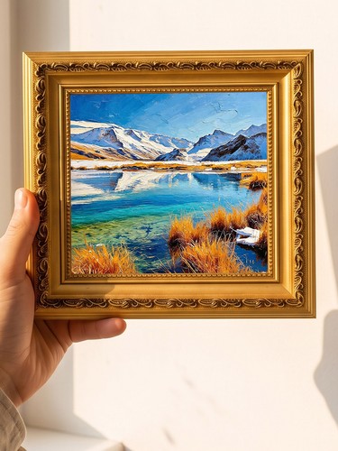 Mountain lake golden grass oil - grass,