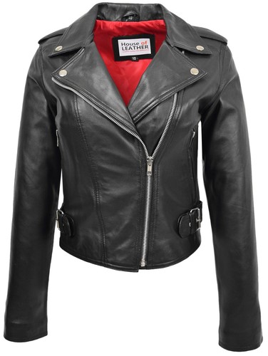 Ladies leather biker jacket - leather,