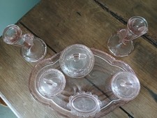 Vintage Glass Dressing Table Set Pink, Tray, Candle Sticks, Pin Dish