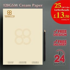 25 Custom Printed Letterheads, 120GSM Cream Paper, Full Color, Free Artwork