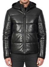 Mens Black Quilted Leather Puffer Jacket Removable Hood Fully Padded Archie