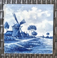 Delft Blue & White Dutch Ceramic Square Tile Windmill Canal Boat 15cm