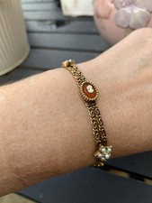 Vintage Goldette Goldtone 2- Chain Link Bracelet Faux Pearl Cameo 