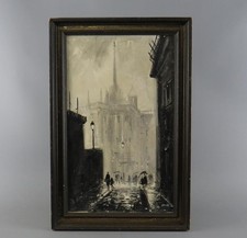 Diaz : Mid Century Oil Painting on Canvas City Alleyway Street Scene Rainy Day