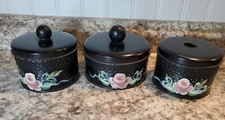 3 Vintage 1950s Powder Tins Dressing Table Set Handpainted Wood Knob Shabby Chic