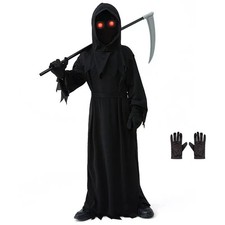 Boys Grim Reaper Costume Phantom Fancy Dress Kids Halloween Scythe Light up Eyes