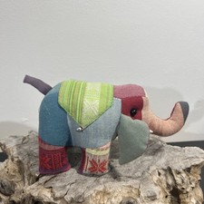 Elephant Fabric Stuffed Patchwork Colorful Trunk Up Figure Toy Decor