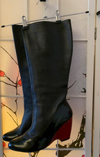 Elegant black leather knee high wide calf boots with red wedge heel size 5 