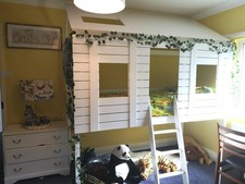 Children's Jungle Treehouse Solid Wood Midsleeper Bed in white with windows.