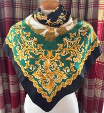 Viyella Scarf Faux Silk Satin Baroque Green Gold Black White 88cm Square