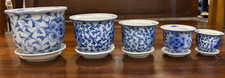 Vintage Set of 5 Chinese Graduating Blue & White Plant Pots & Saucers