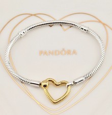New Genuine Pandora TwoTone Moments Heart Closure Snake Chain Bracelet 569539C00