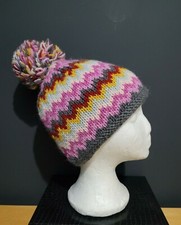 KUSAN Pink/Grey 100% Wool Lined Hand Knitted Bobble Hat Made in Nepal ONE SIZE