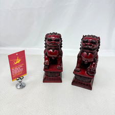Vintage Pair Red Resin Foo Dog Figurines Chinese Fu Feng Shui Home Decor  JL14